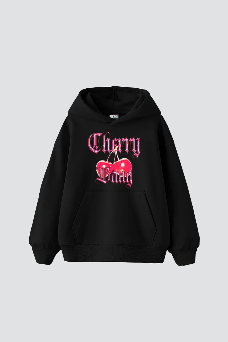 Cherry Gang Baskılı Oversize Unisex Siyah Hoodie