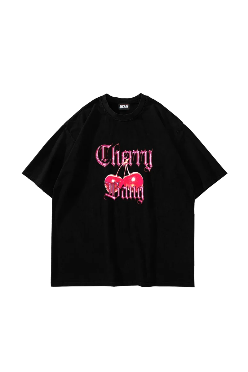 Cherry Gang Baskılı Oversize Unisex Siyah Tshirt