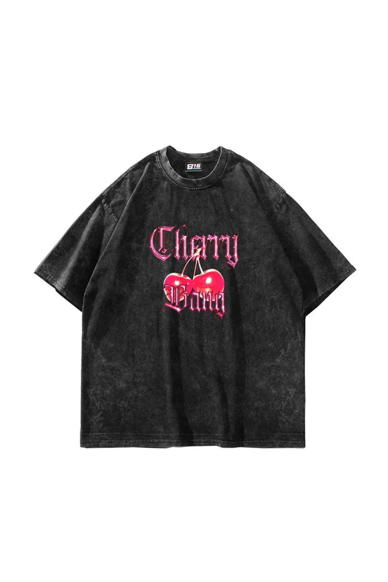 Cherry Gang Baskılı Oversize Unisex Yıkamalı Siyah Tshirt