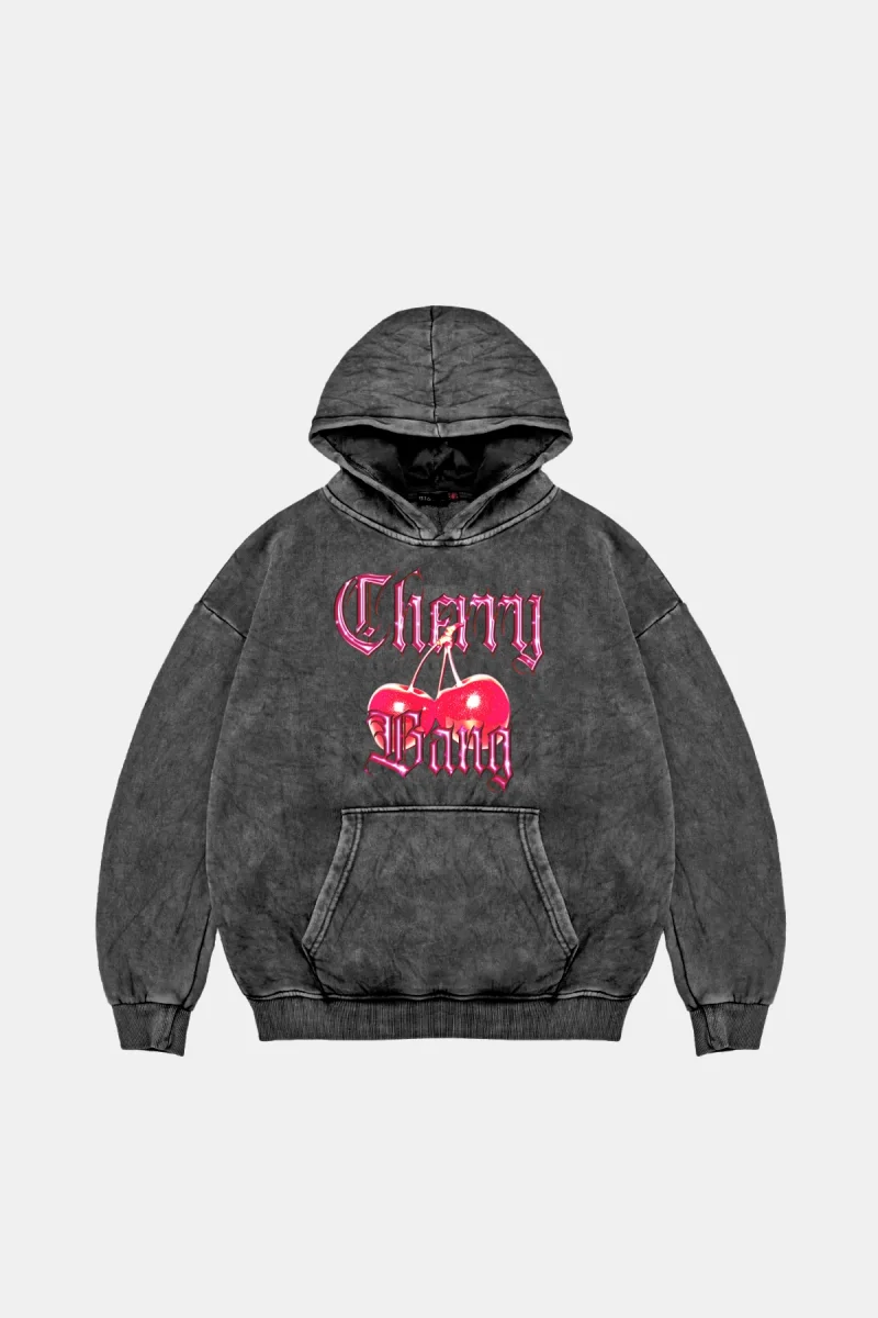 Cherry Gang Oversize Unisex Yıkamalı Siyah Hoodie