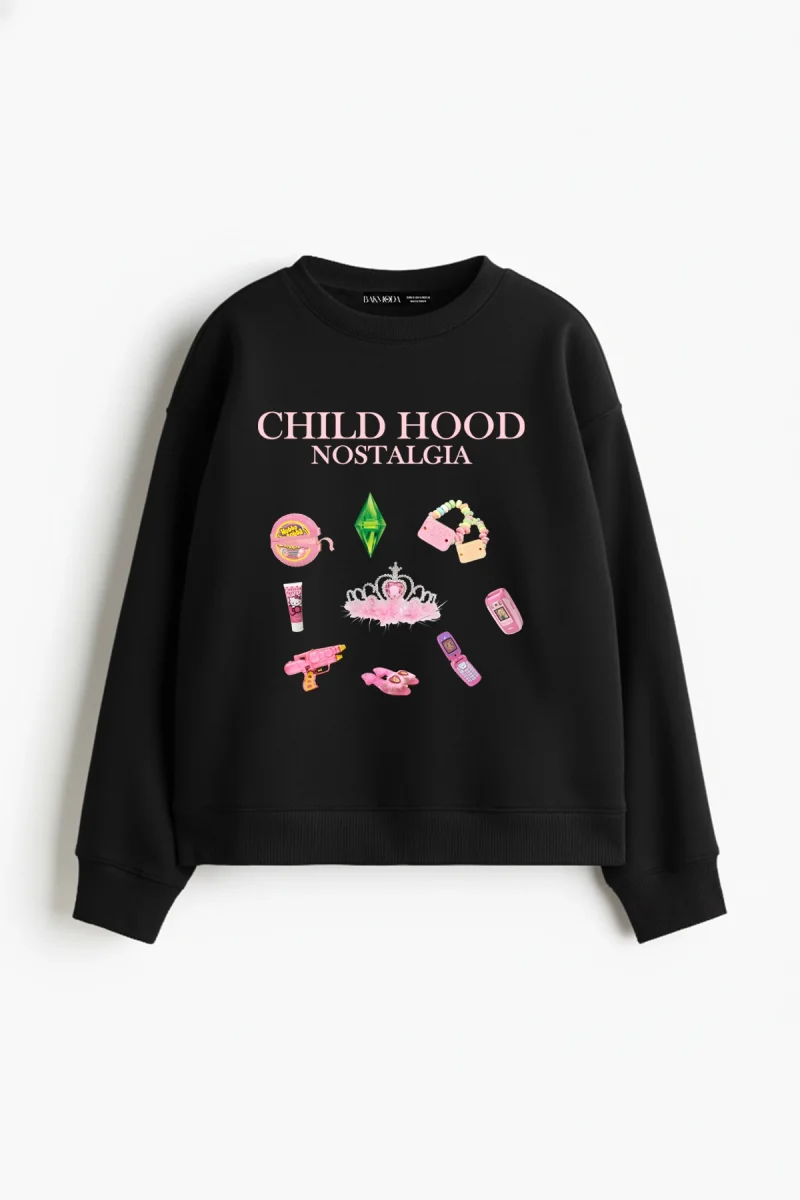 Childhood Nostalgia Baskılı Kapüşonsuz Relaxed Fit Kadın Siyah Sweatshirt