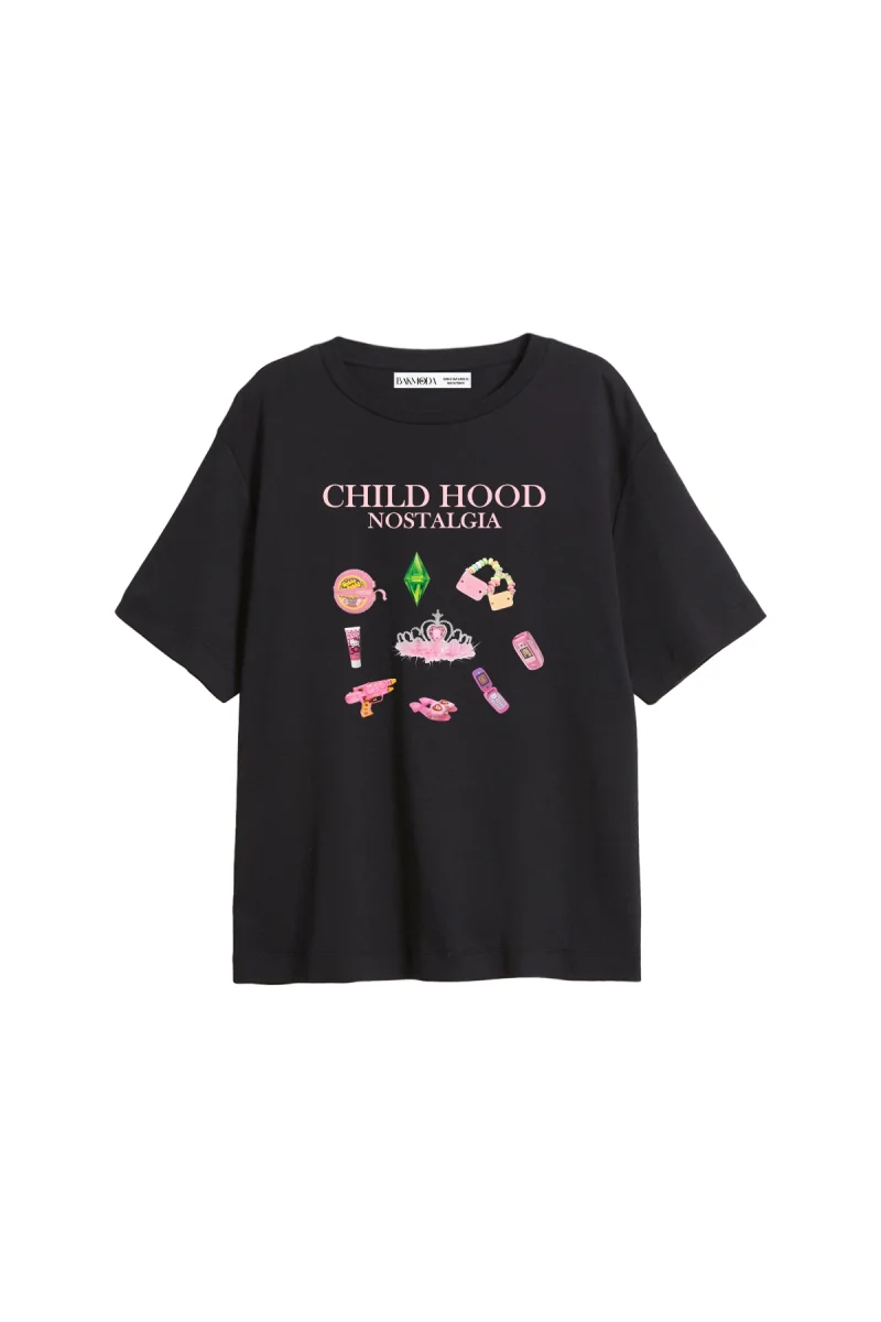 Childhood Nostalgia Baskılı Relaxed Fit Siyah Kadın Tshirt