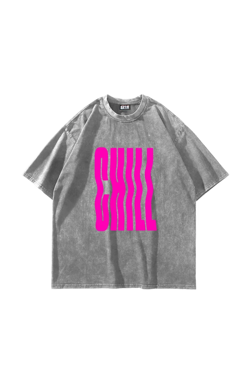 Chill Baskılı Oversize Unisex Yıkamalı Beyaz Tshirt