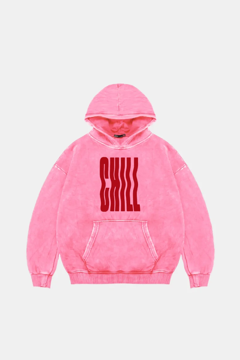 Chill Baskılı Oversize Unisex Yıkamalı Pembe Hoodie
