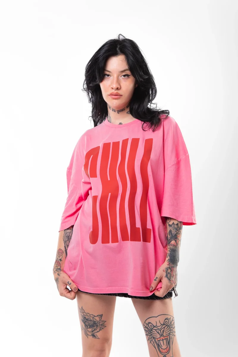 Chill Baskılı Oversize Unisex Yıkamalı Pembe Tshirt