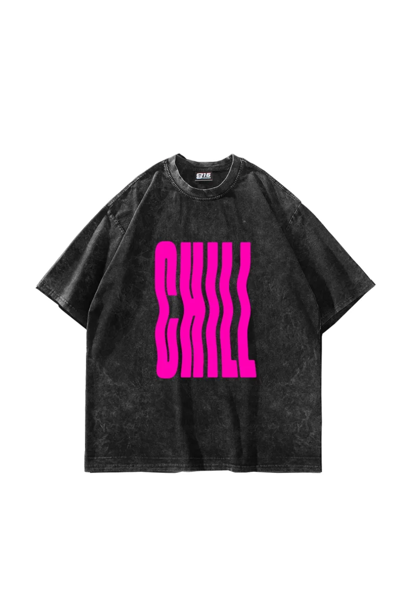 Chill Baskılı Oversize Unisex Yıkamalı Siyah Tshirt