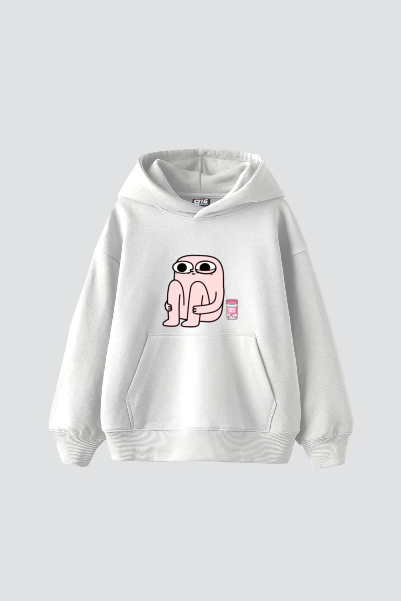 Chill Pills Baskılı Oversize Unisex Beyaz Hoodie