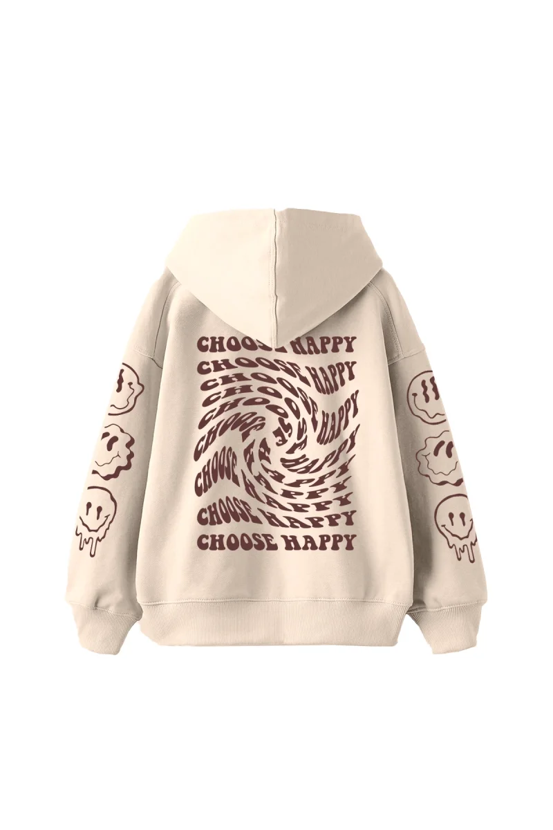 Choose Happy Baskılı Oversize Unisex Bej Hoodie