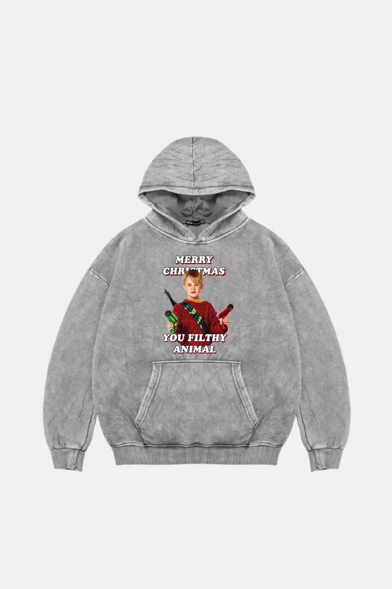 Christmas Home Alone Baskılı Oversize Unisex Yıkamalı Beyaz Hoodie