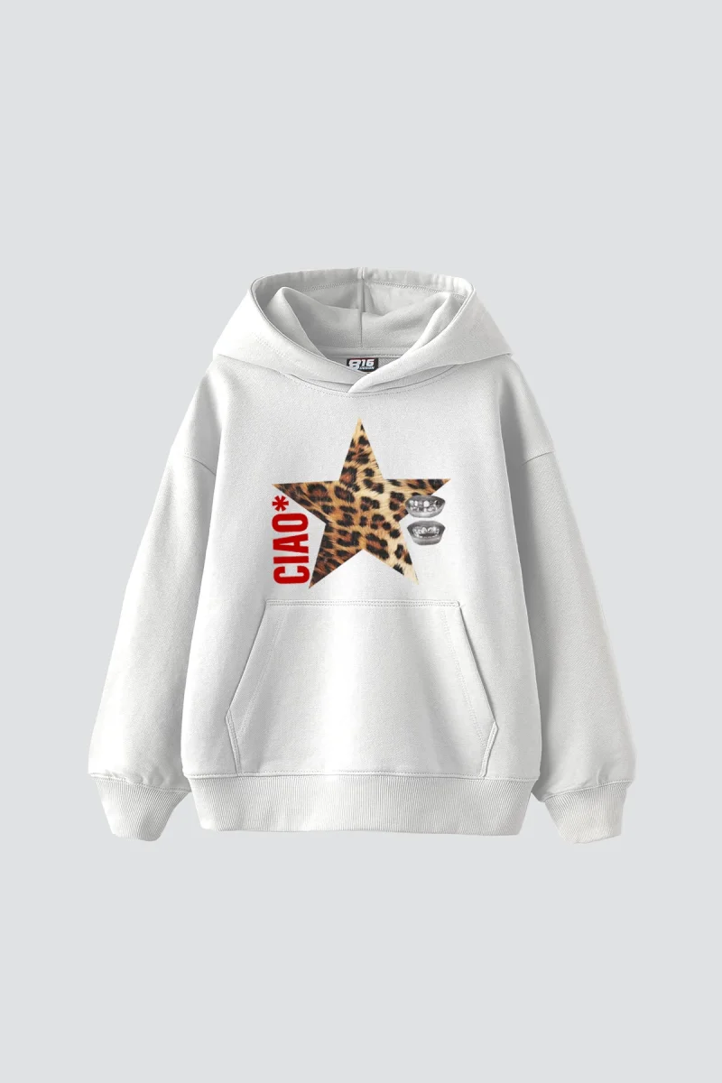 Ciao Yıldız Baskılı Oversize Unisex Beyaz Hoodie