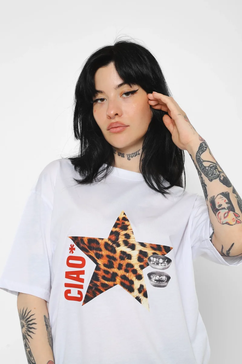 Ciao Yıldız Baskılı Oversize Unisex Beyaz Tshirt