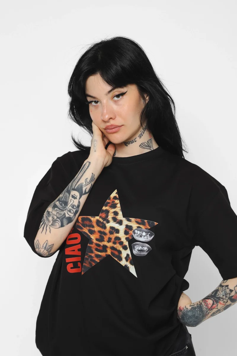 Ciao Yıldız Baskılı Oversize Unisex Siyah Tshirt
