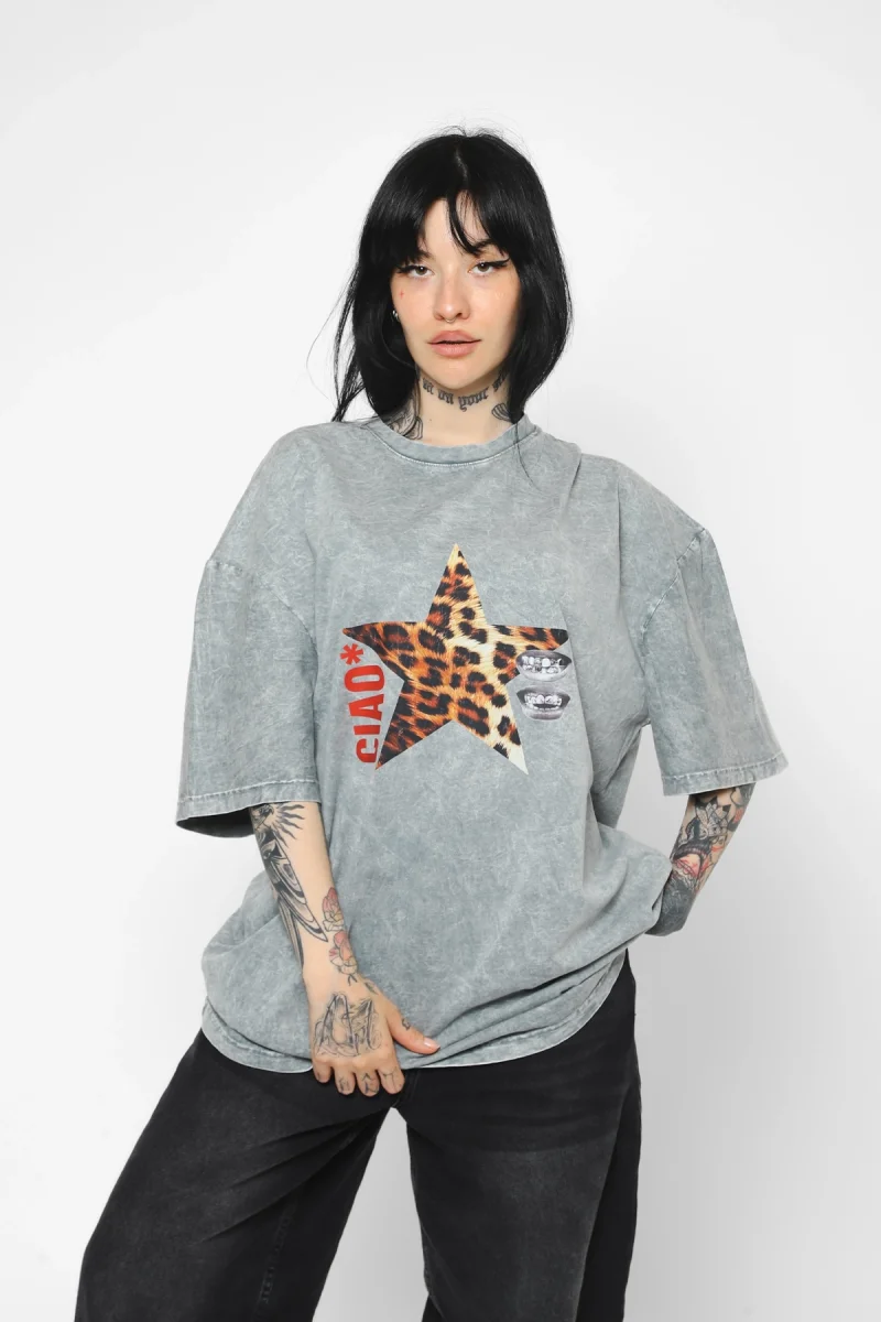 Ciao Yıldız Baskılı Oversize Unisex Yıkamalı Beyaz Tshirt
