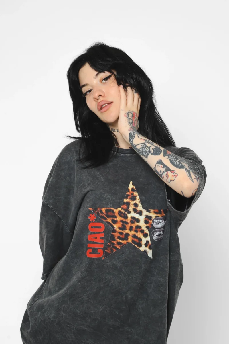 Ciao Yıldız Baskılı Oversize Unisex Yıkamalı Siyah Tshirt