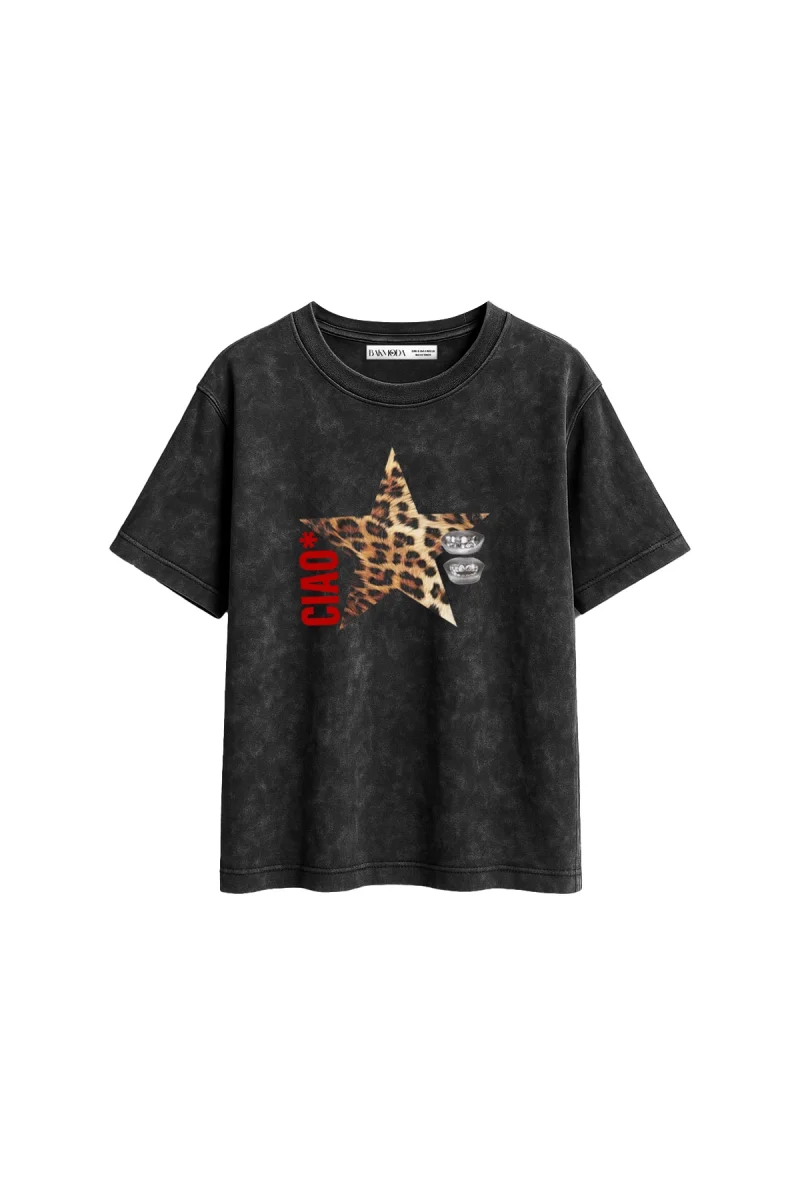 Ciao Yıldız Baskılı Relaxed Fit Yıkamalı Siyah Kadın Tshirt