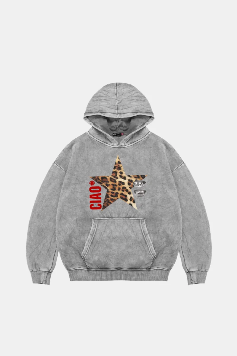 Ciao Yıldız Oversize Unisex Yıkamalı Beyaz Hoodie