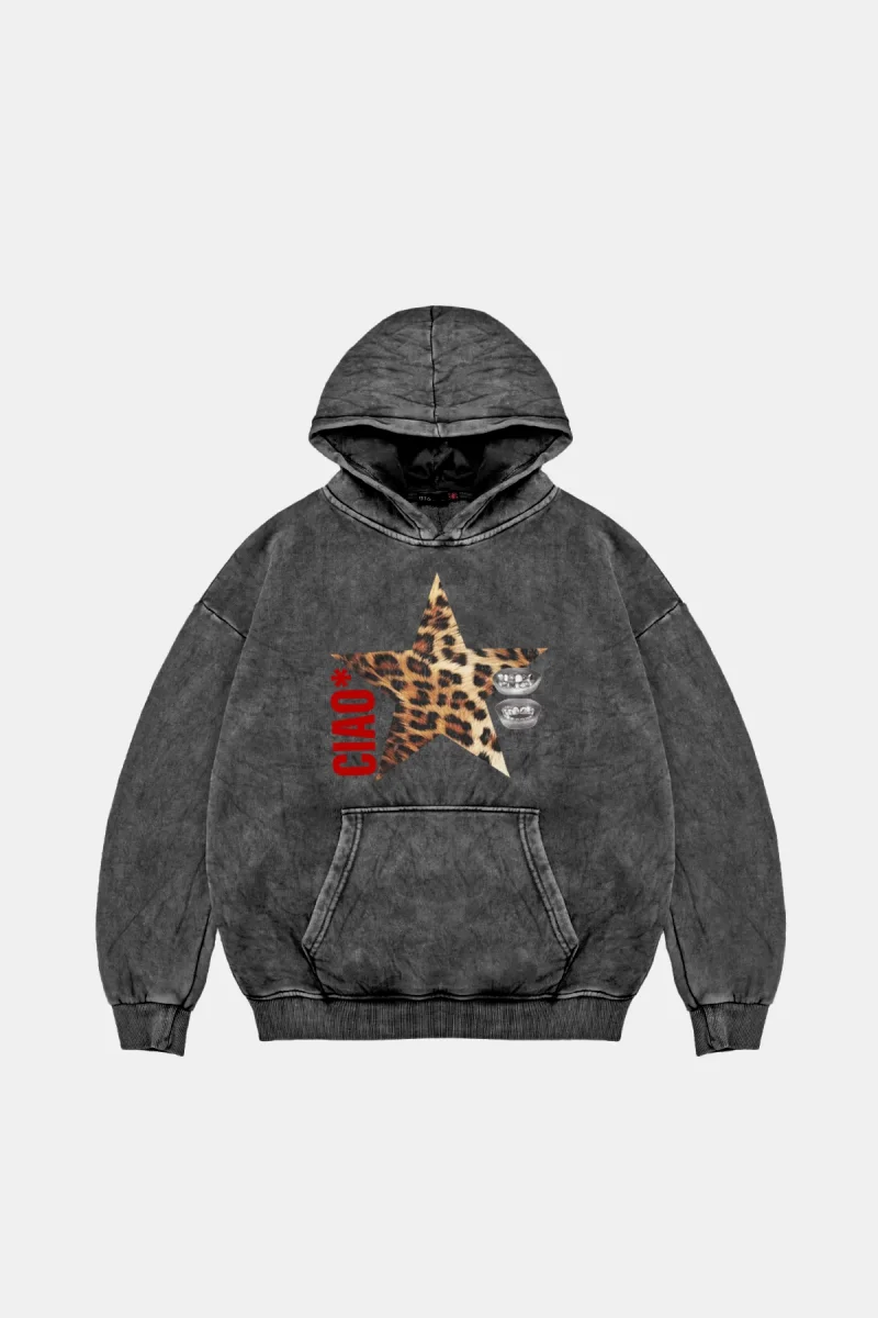 Ciao Yıldız Oversize Unisex Yıkamalı Siyah Hoodie