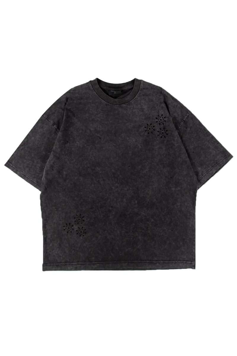 Çiçek Yırtık Detaylı Yıkamalı Füme Oversize Unisex Tshirt