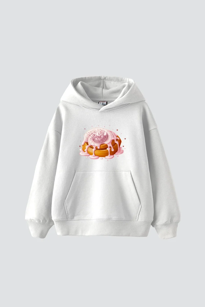 Cinnamon Roll Baskılı Oversize Unisex Beyaz Hoodie