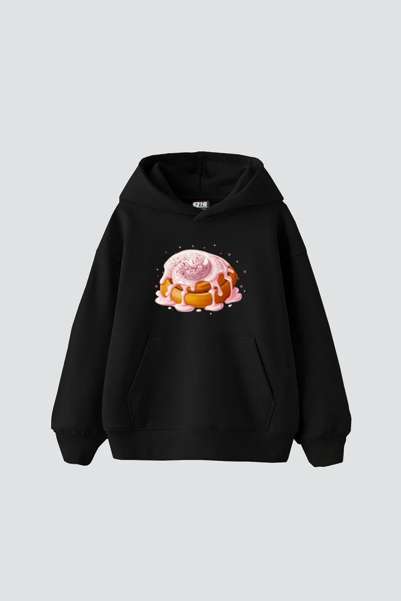 Cinnamon Roll Baskılı Oversize Unisex Siyah Hoodie
