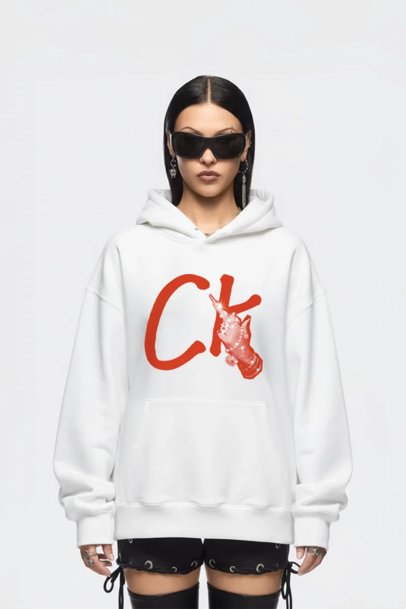 CK. Baskılı Oversize Unisex Beyaz Hoodie