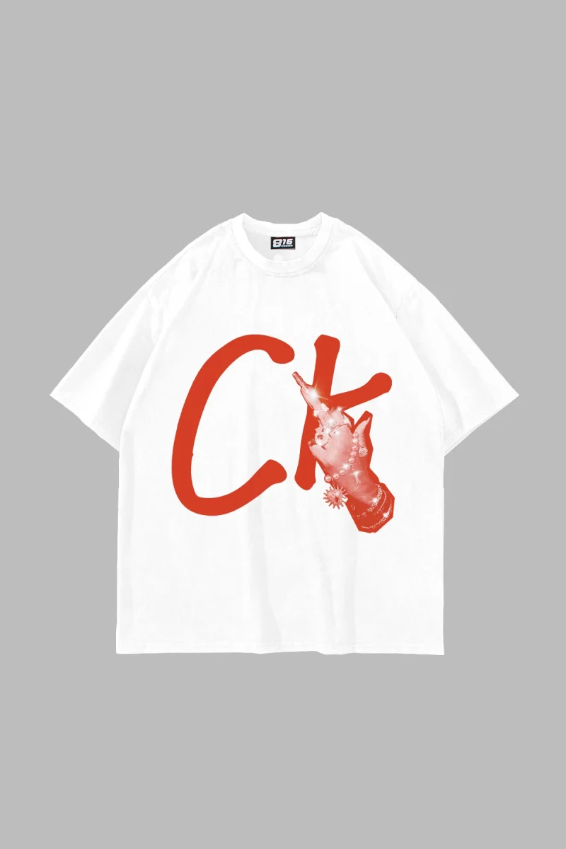CK. Baskılı Oversize Unisex Beyaz Tshirt
