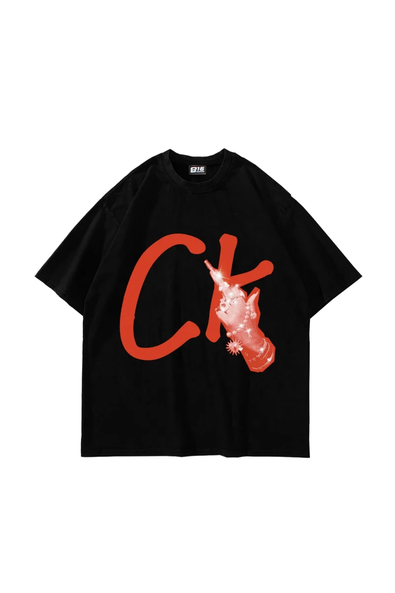 CK. Baskılı Oversize Unisex Siyah Tshirt