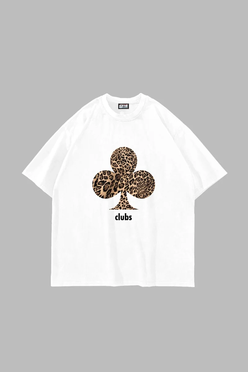 Clubs Leopar Baskılı Oversize Unisex Premium Beyaz Tshirt