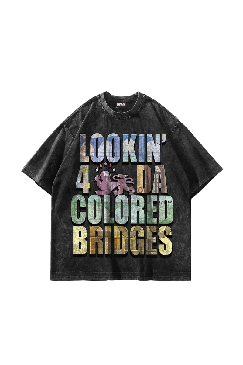 Colored Bridges Graphic Baskılı Yıkamalı Siyah Oversize Unisex Tshirt