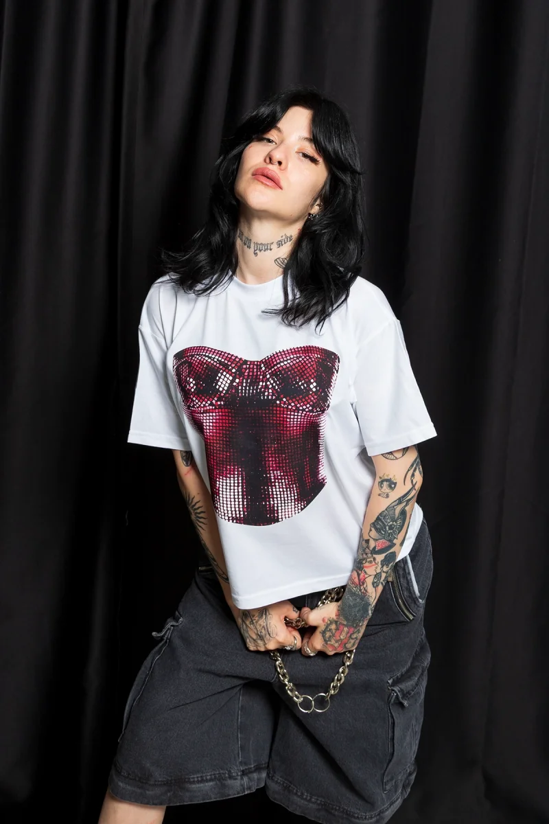 Corset Baskılı Relaxed Fit Beyaz Kadın Tshirt