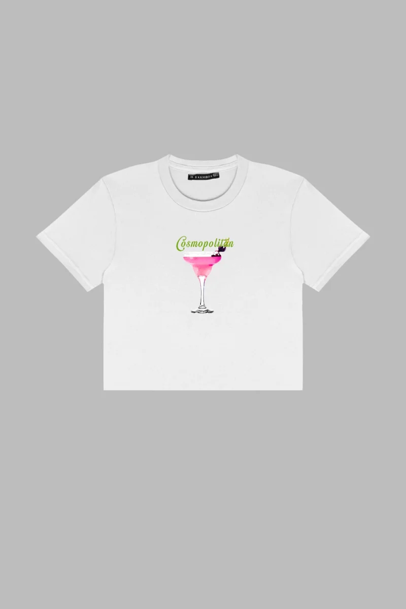 Cosmopolitan Baskılı Beyaz Crop Top