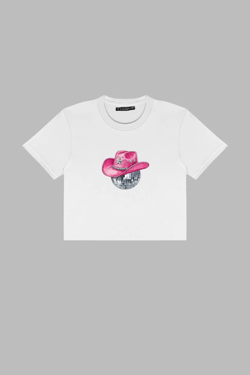 Cow Girl Baskılı Beyaz Crop Top