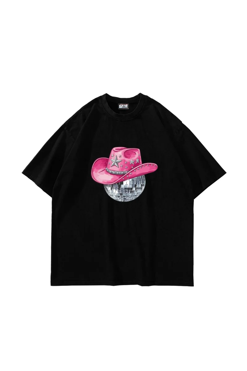 Cow Girl Baskılı Oversize Unisex Siyah Tshirt