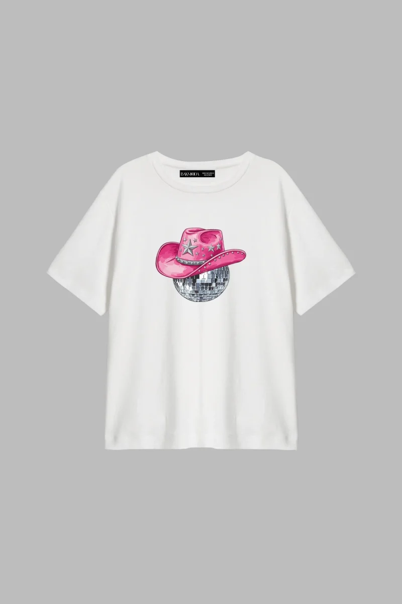 Cow Girl Baskılı Relaxed Fit Beyaz Kadın Tshirt