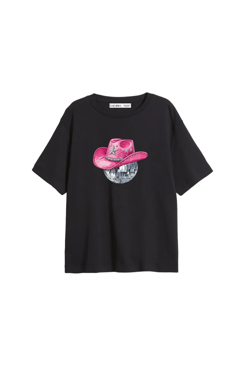 Cow Girl Baskılı Relaxed Fit Siyah Kadın Tshirt