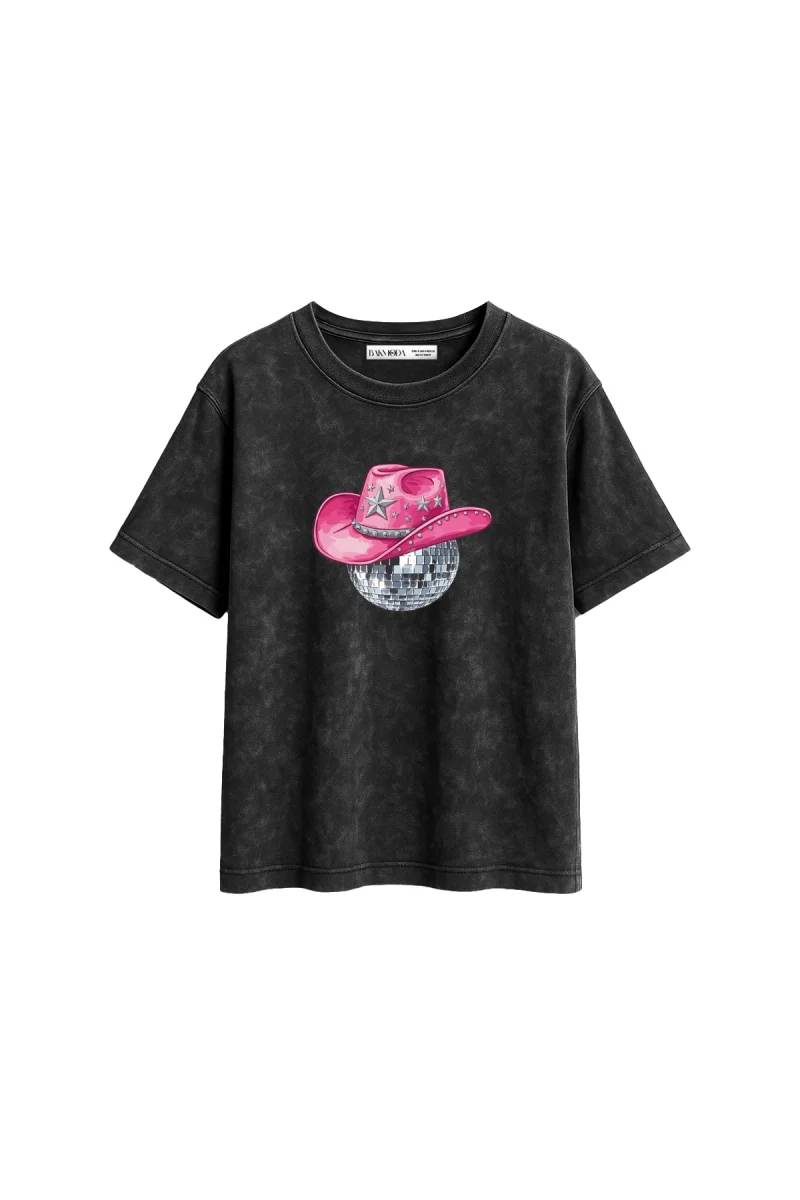 Cow Girl Baskılı Relaxed Fit Yıkamalı Siyah Kadın Tshirt