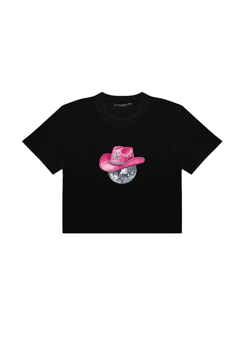 Cow Girl Baskılı Siyah Crop Top