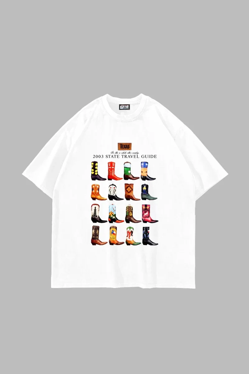 Cowboy Boots Baskılı Oversize Unisex Beyaz Tshirt