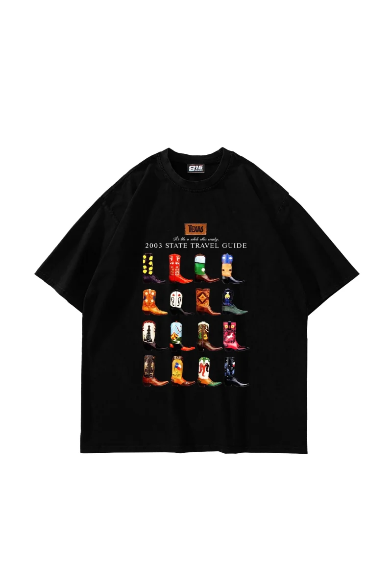Cowboy Boots Baskılı Oversize Unisex Siyah Tshirt