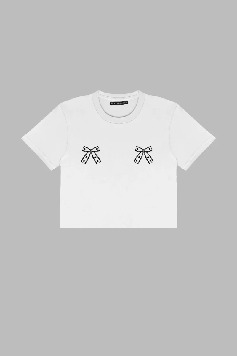 Cowgirl Fiyonk Baskılı Beyaz Crop Top