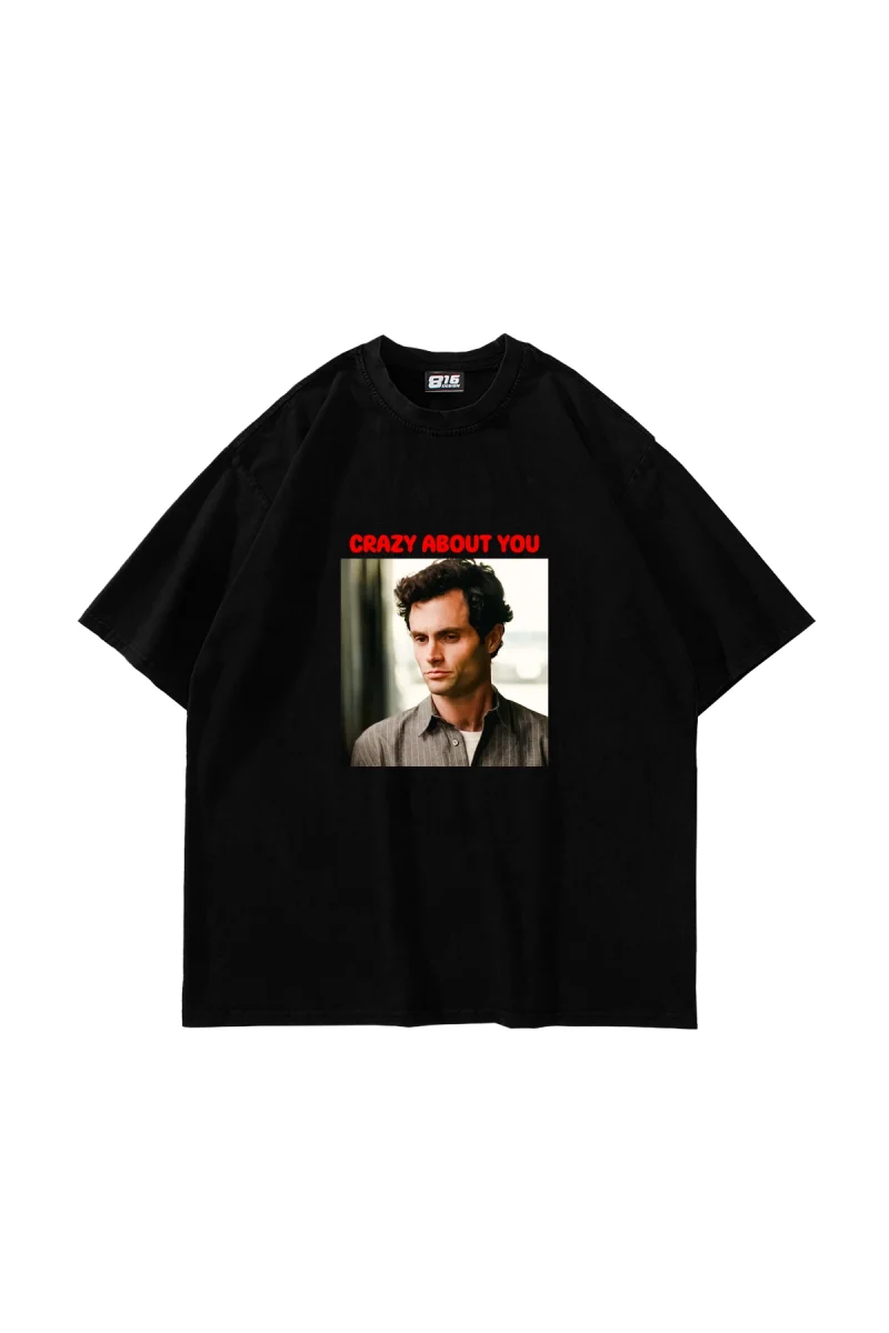 Crazy About You Joe Baskılı Oversize Unisex Siyah Tshirt