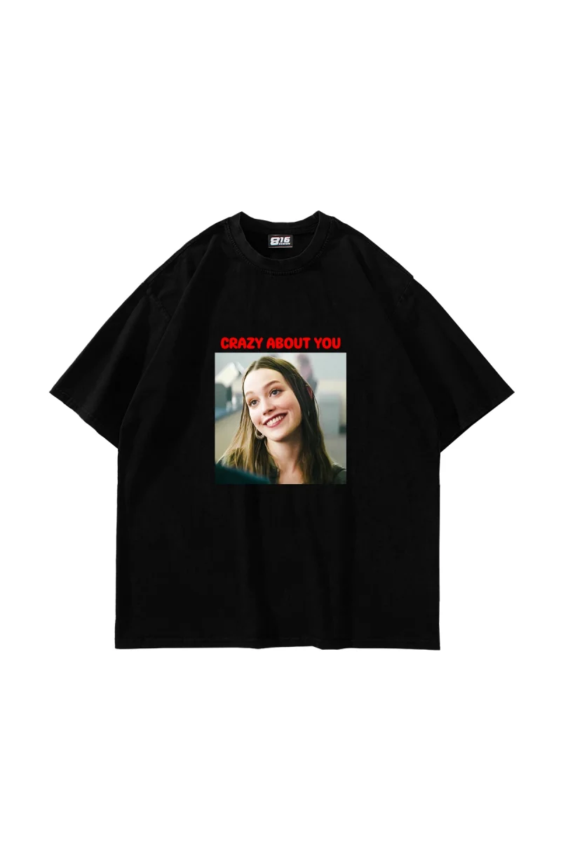 Crazy About You Love Baskılı Oversize Unisex Siyah Tshirt