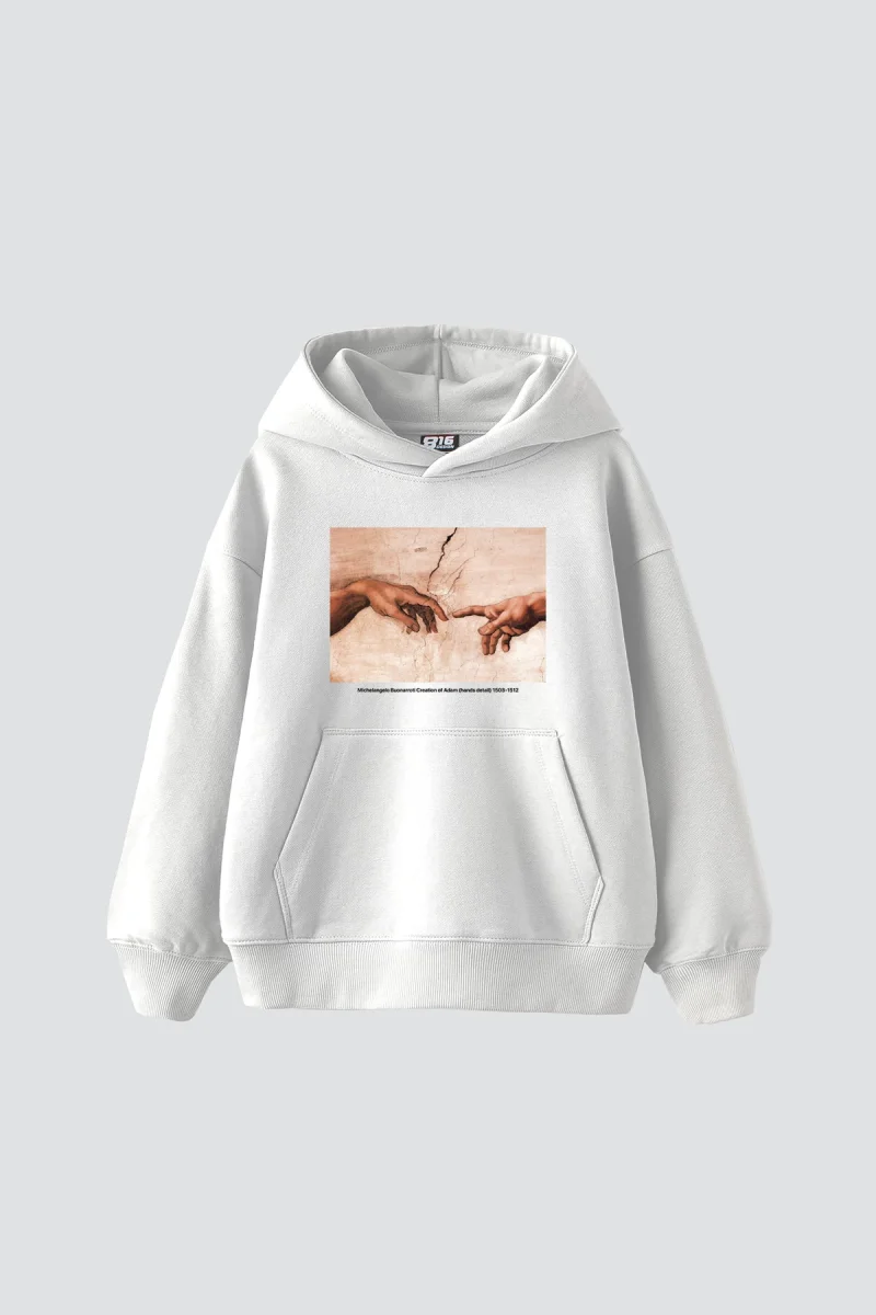 Creation of Adam Baskılı Oversize Unisex Beyaz Hoodie