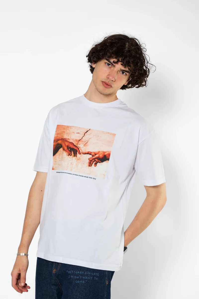 Creation of Adam Baskılı Oversize Unisex Beyaz Tshirt