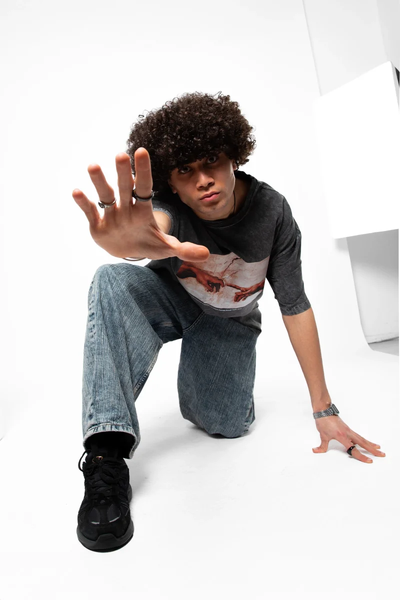 Creation of Adam Baskılı Oversize Unisex Yıkamalı Siyah Tshirt