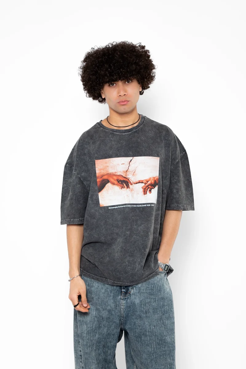 Creation of Adam Baskılı Oversize Unisex Yıkamalı Siyah Tshirt
