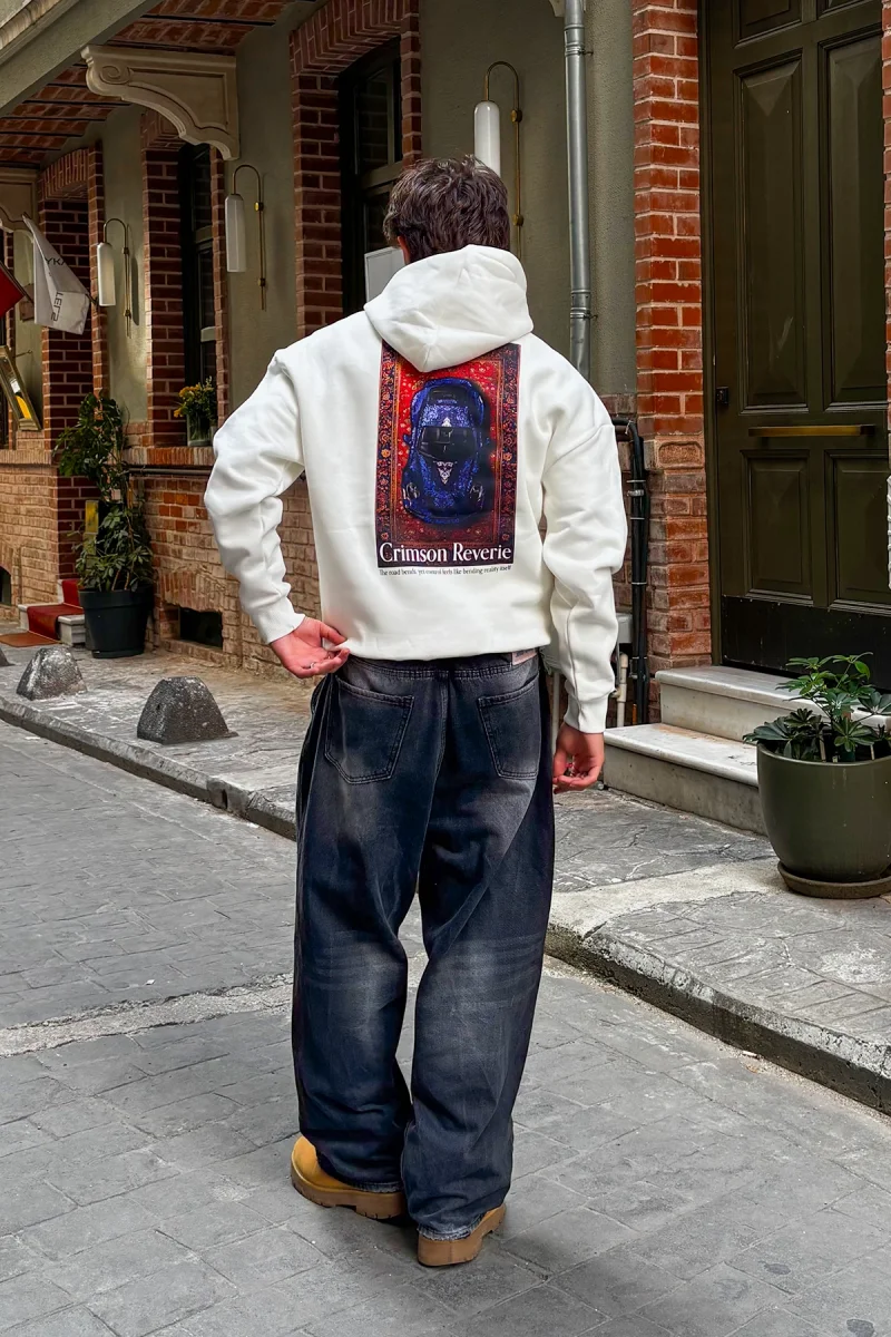 Crimson Reverie Baskılı Oversize Unisex Beyaz Hoodie