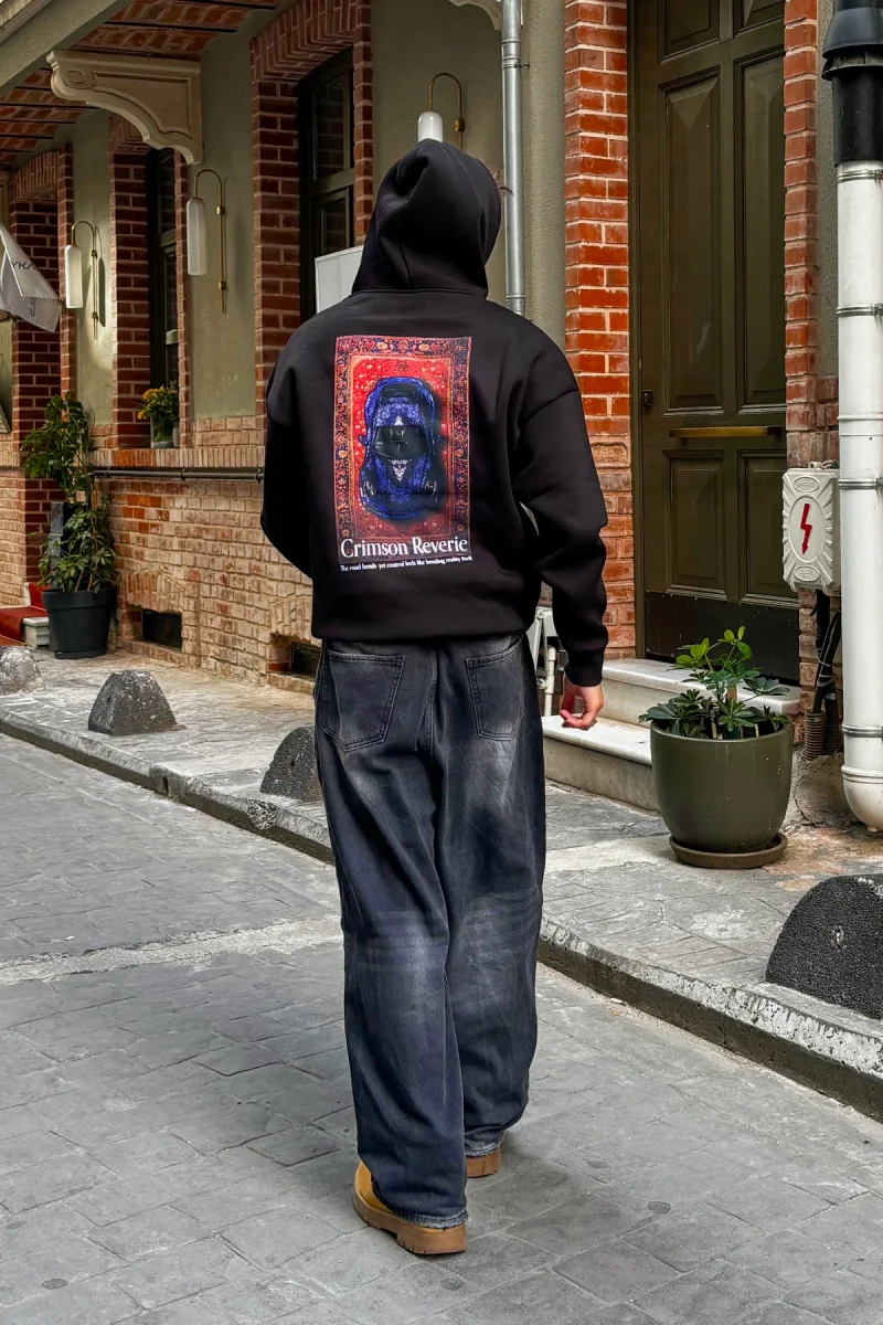 Crimson Reverie Baskılı Oversize Unisex Siyah Hoodie