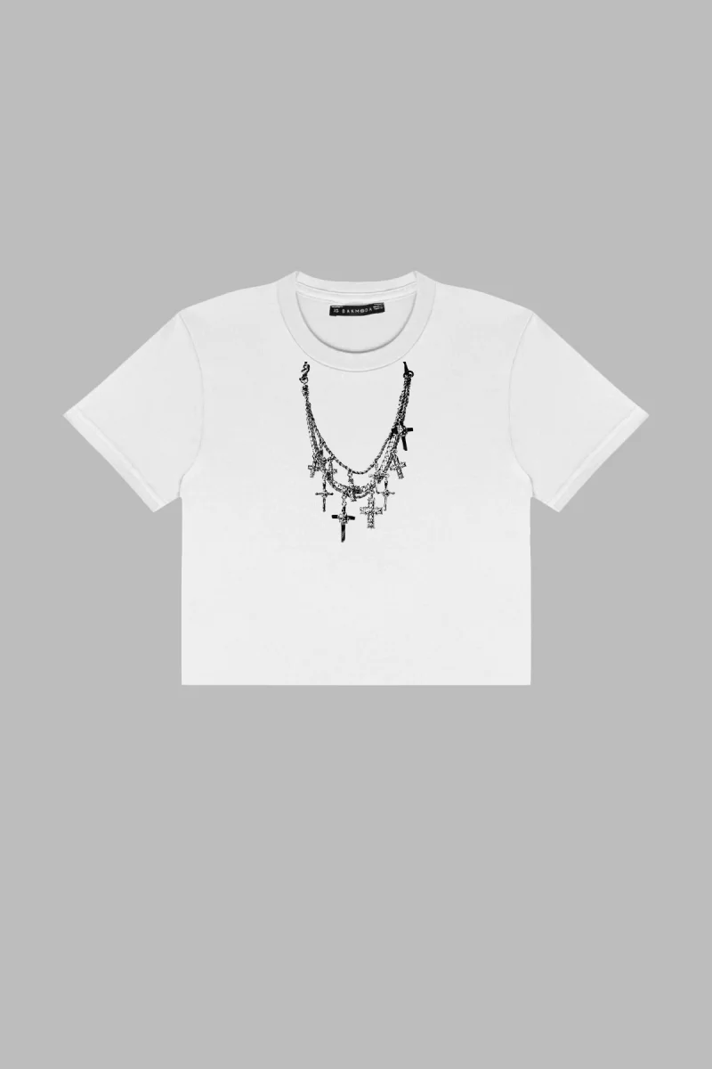 Cross Necklace Baskılı Beyaz Crop Top