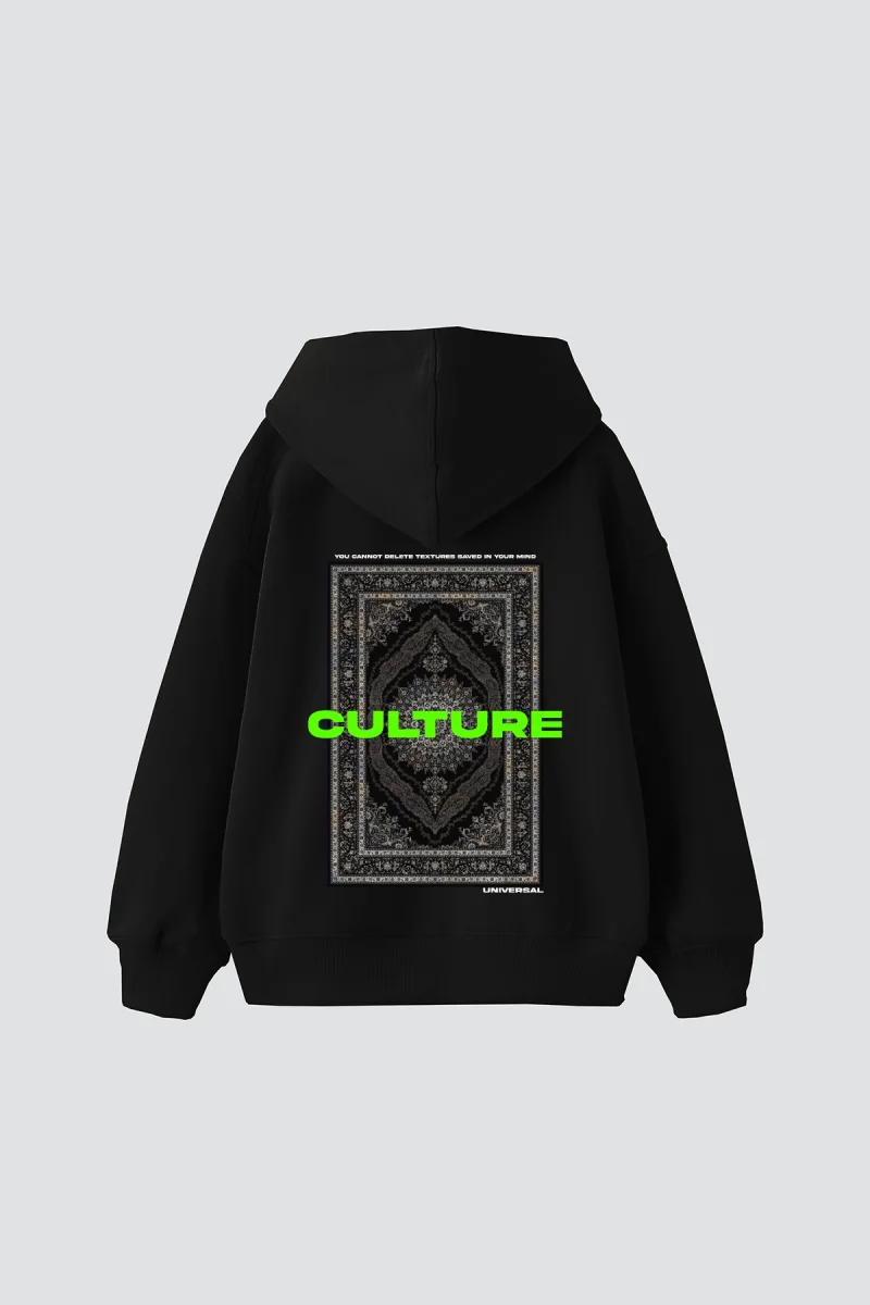 Culture Etnik Baskılı Oversize Unisex Premium Siyah Hoodie